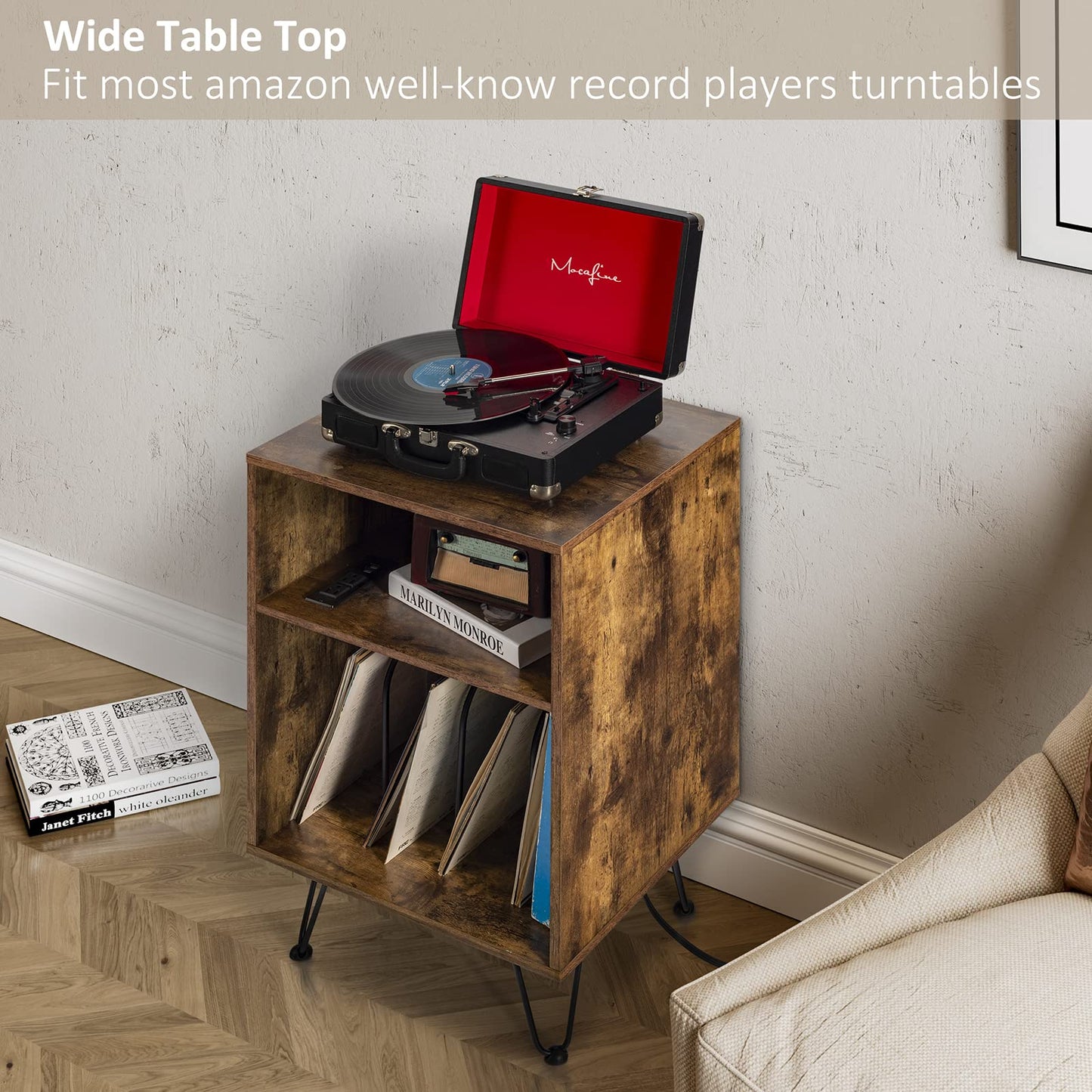 Mufico Record Player Stand Cabinet,Turntable Stand with Charging Station,Lagre Vinyl Record Storage End Table,120Lbs Record,Wood Side Table - WoodArtSupply