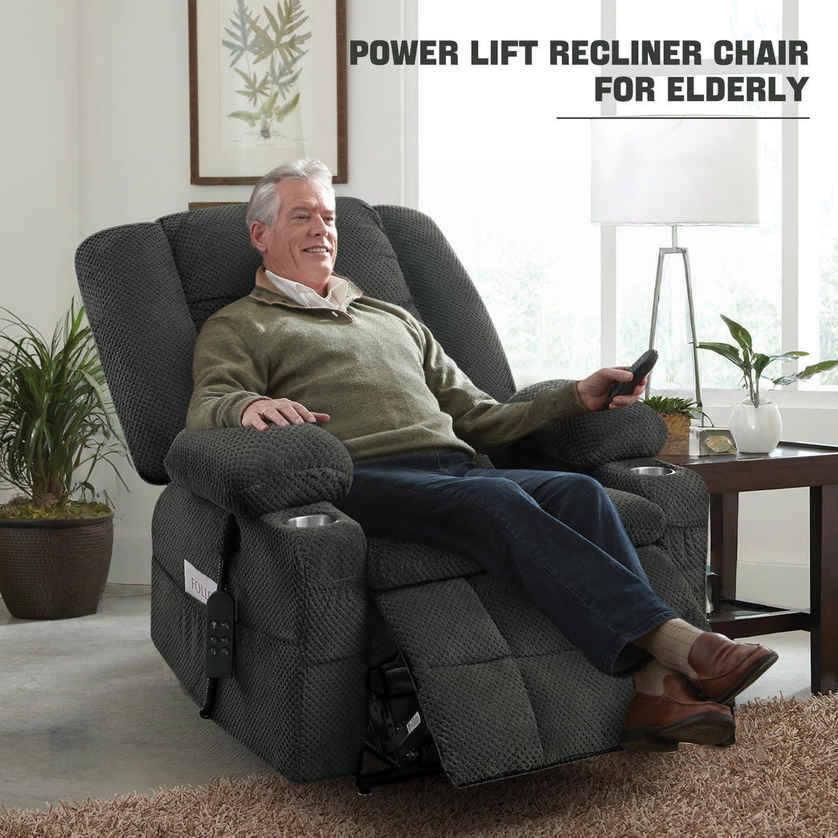 Madaha Electric Power Large Lift Recliner Chair Sofa with Massage and Heat for Elderly, Oversized Lay Flat Dual Motor Infinite Position Recliner Chair, Side Pockets, Cup Holders, USB Ports (Grey) Madaha