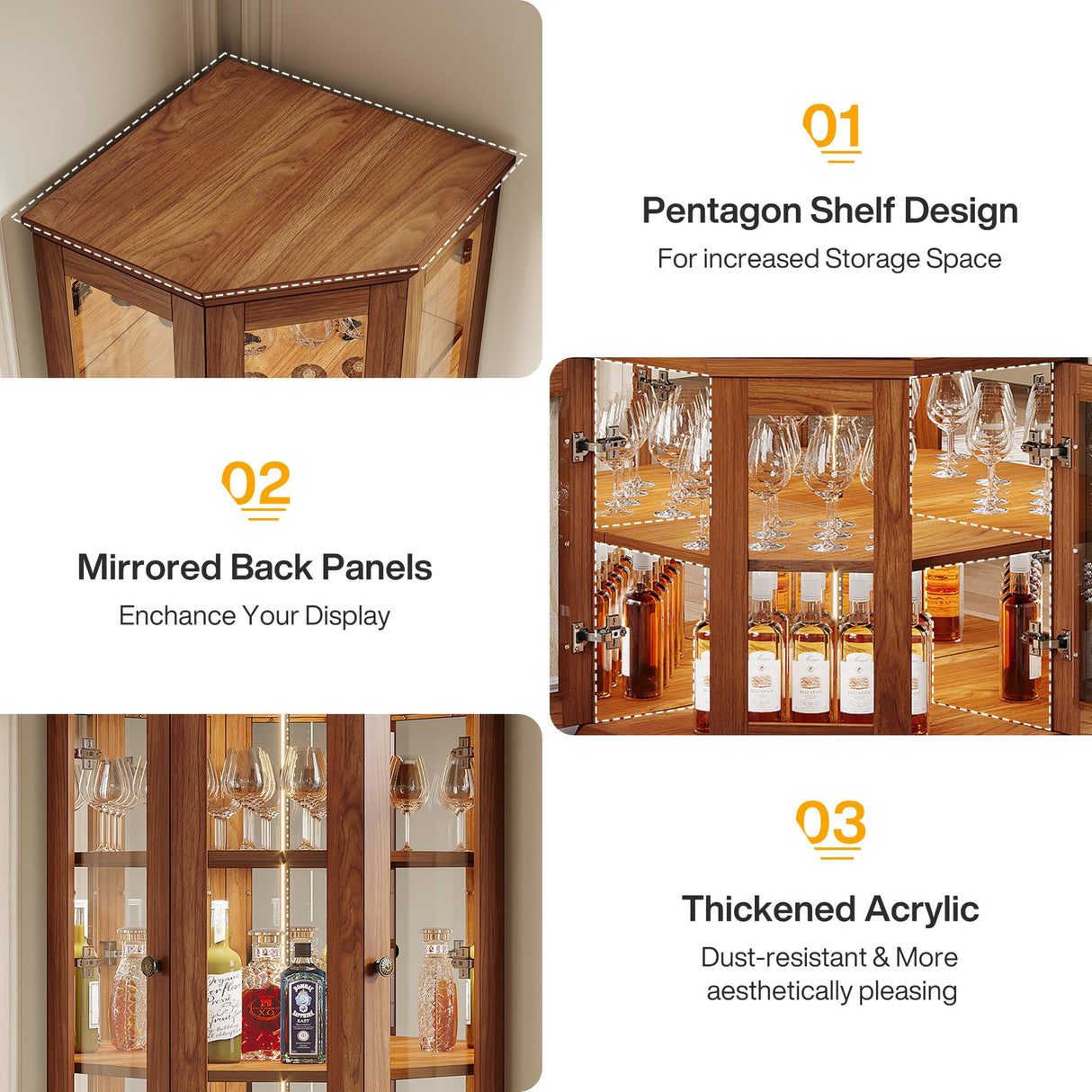 Tribesigns 70.87-Inch Corner Bar Cabinet, Tall Modern Corner Wine Cabinet with Doors & LED Lights, 5-Tier Home Bar Liquor Cabinet for Dining Room, Living Room, Kitchen, Rusitc Brown Tribesigns