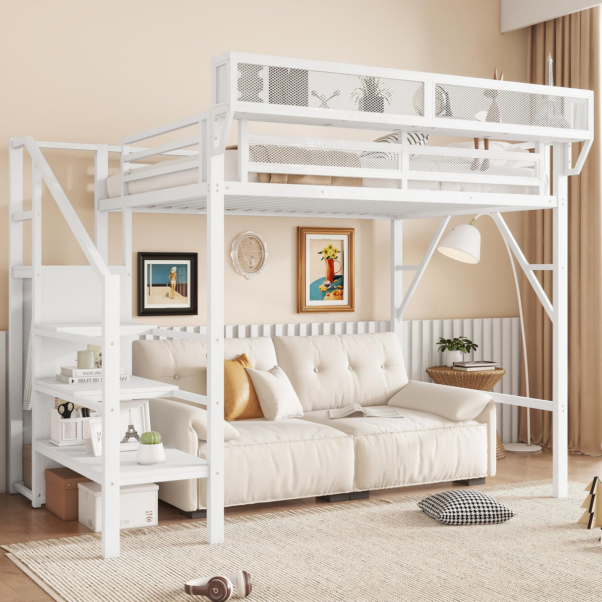 KEIKI Twin Size Metal Loft Bed Frame with Convertible Staircase, Built-in Storage Shelves & Wardrobe, Loft Bed with Solid Slats & Guardrail, No Box Spring Required, Easy Assembly, for Bedroom, White KEIKI