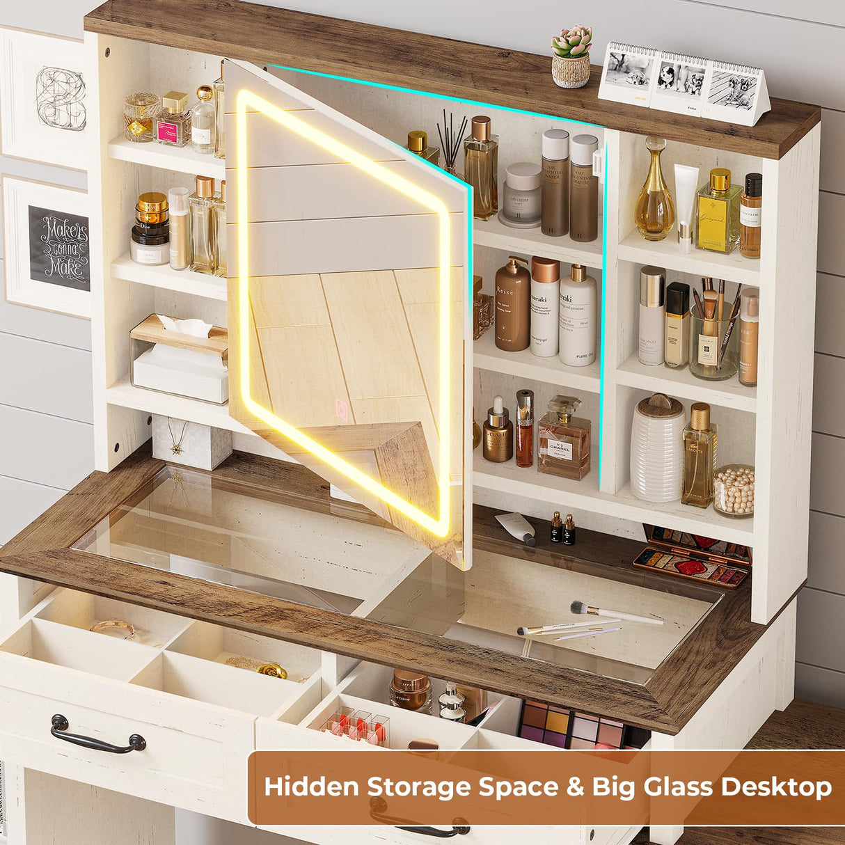 HAUOMS Farmhouse Vanity Desk with Openable Mirror and Lights, White Vanity Table with Drawer Dresser, Glass Top and Charging Station, Large Makeup Desk with 5 Drawers, 9 Shelves, Antique White HAUOMS