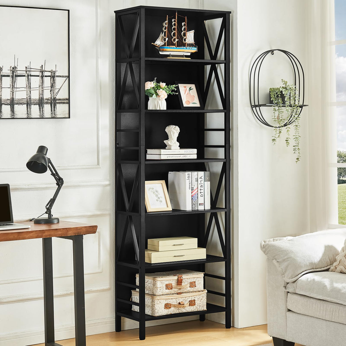 HOMISSUE Bookshelf, 7-Tier Bookshelf, Rustic Wood Metal Bookshelves and Bookcases, Freestanding Open Bookshelf, Industrial Tall Bookcase for Home Office, Living Room and Bedroom, Black HOMISSUE
