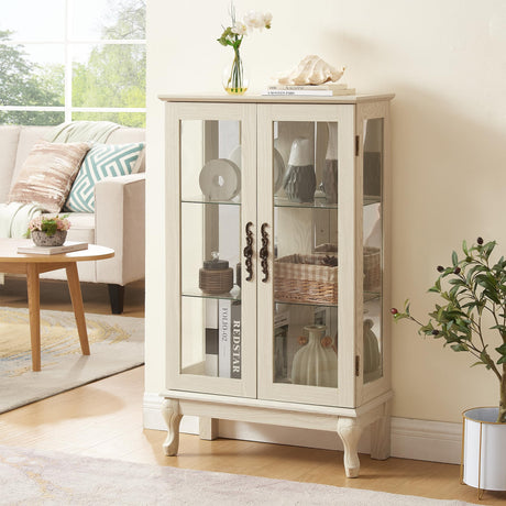 nifoti 43" H Lighted Curio Cabinet Display Case, Glass Curio Cabinet with Adjustable Shelves & Tempered Glass Door, Wooden Curio Cabinet with Mirrored Back Pane for Living Room (Antique White) nifoti