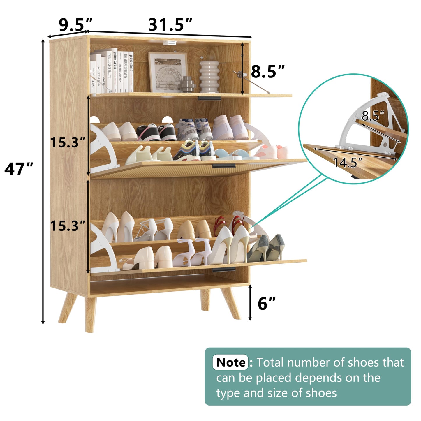 TOLEAD Rattan Shoe Storage Cabinet, Freestanding Shoe Rack Cabinet with 2 Flip Drawers & Wood Legs, Slim Shoe Organizer Cabinet for Entryway