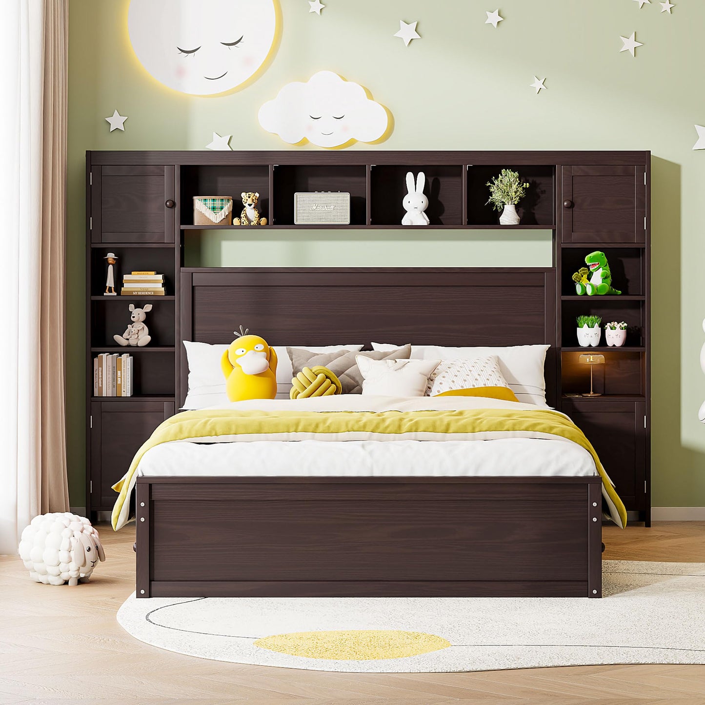 Queen Storage Platform Bed with Bookcase Headboard and Drawers in Espresso - WoodArtSupply