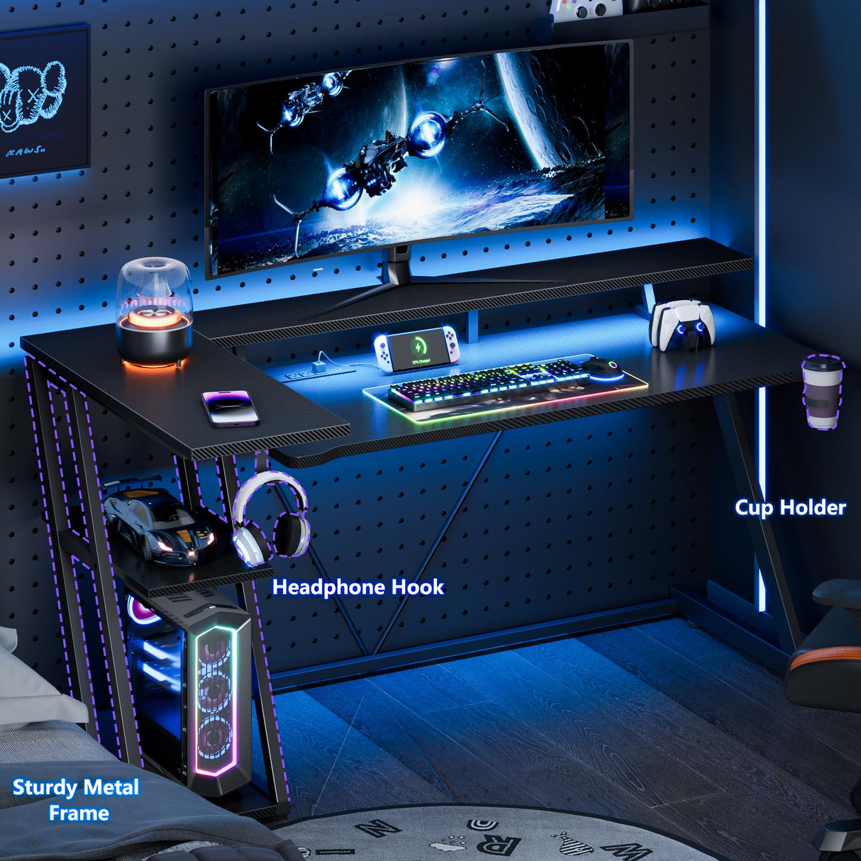 Korfile Computer Gaming Desk with Power Outlet & LED Lights, Reversible L Shaped Gamer Table with Storage Shelves for Bedroom, Corner Home Office Desk, 55 Inch, Carbon Fiber Black Korfile