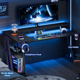 Korfile Computer Gaming Desk with Power Outlet & LED Lights, Reversible L Shaped Gamer Table with Storage Shelves for Bedroom, Corner Home Office Desk, 55 Inch, Carbon Fiber Black Korfile