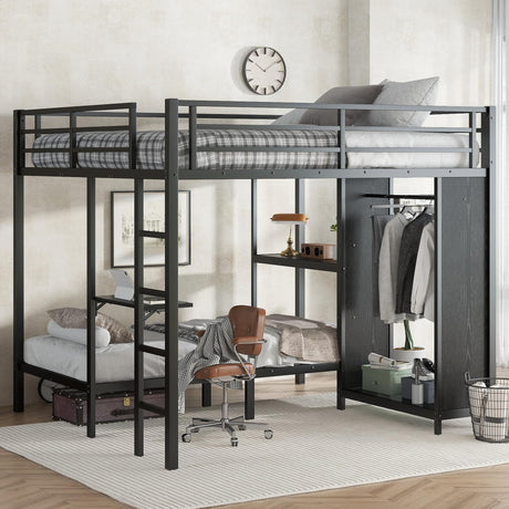 Ball & Cast Bunk Bed King Over Twin XL with Foldable Desk and Storage Shelves,Metal Bunk Bed Frame with Built-in Wardrobe and Full-Length Guardrails,Space Saving Design,Noise Free,Black Ball & Cast