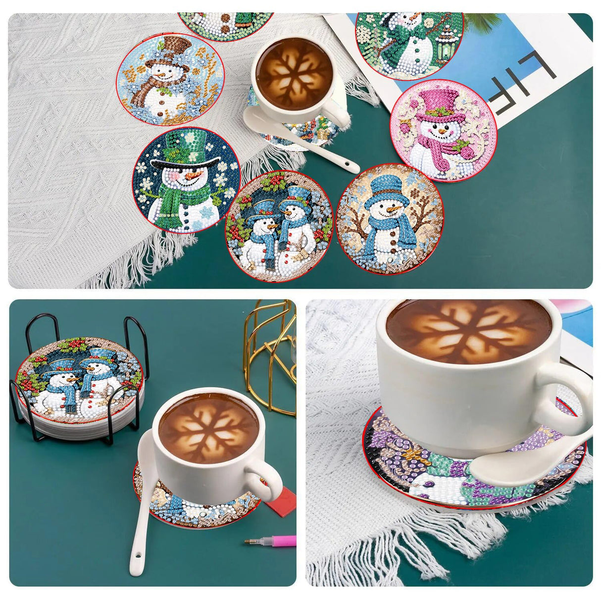 8 Pcs Christmas Diamond Painting Coasters Kits with Holder,DIY Snowman Diamond Art Coaster Kits for Adults & Kids,Paint with Diamonds Coasters Craft Supplies for Holiday Decor Gifts Apcufir