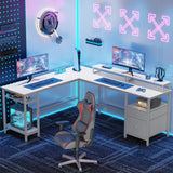 Furologee White 66" L Shaped Desk with Shelves, Reversible Corner Computer Desk with File Drawer & Dual Monitor Stand, Large Home Office Desk Writing Study Gaming Table Workstation Furologee