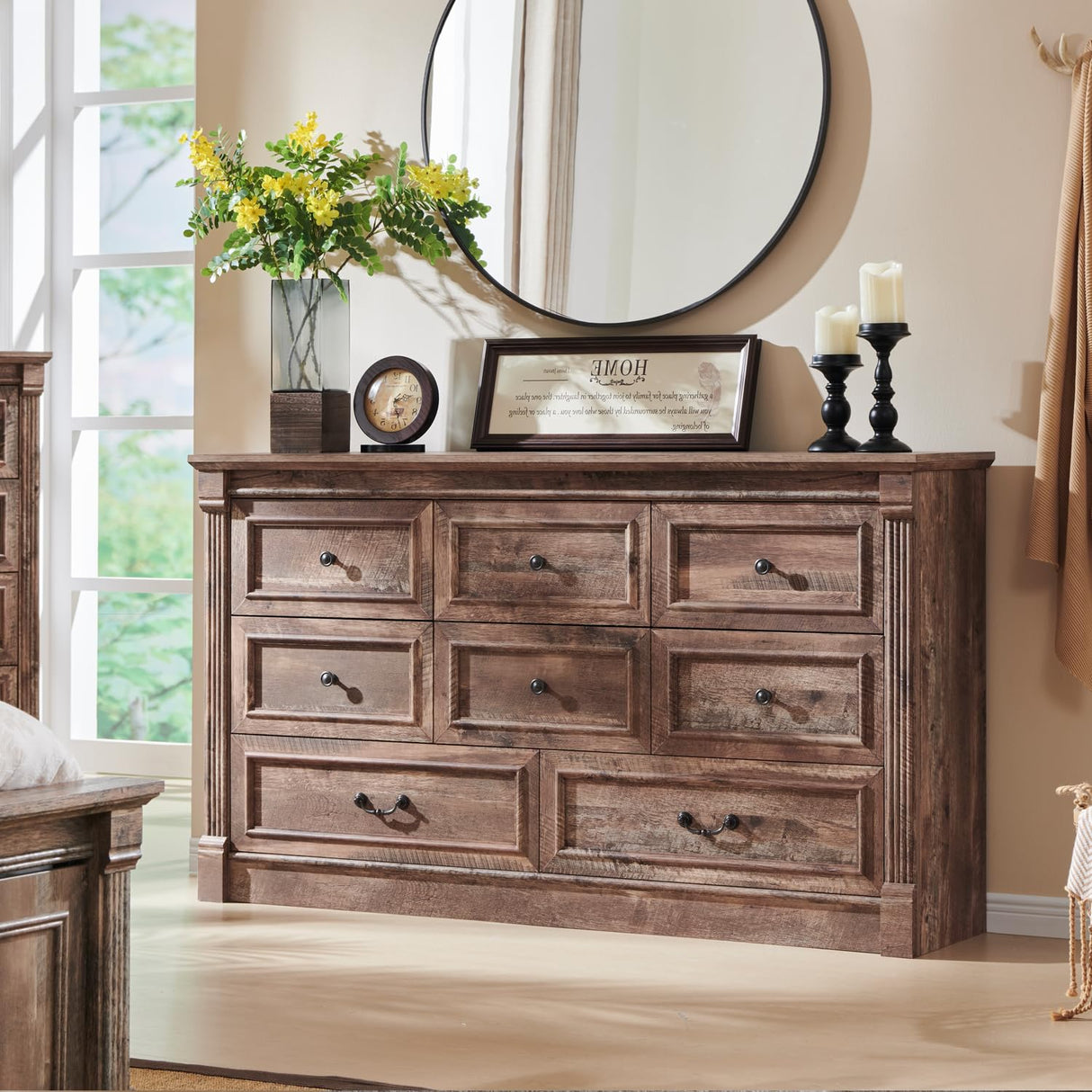 Aitjunz 8 Drawers Dresser for Bedroom, Farmhouse 61" Wide Dressers & Chests of Drawers w/Roman Column, Large Storage Dressers Organizer w/Two Different Drawer Sizes for Bedroom,Living Room,Light Brown Aitjunz