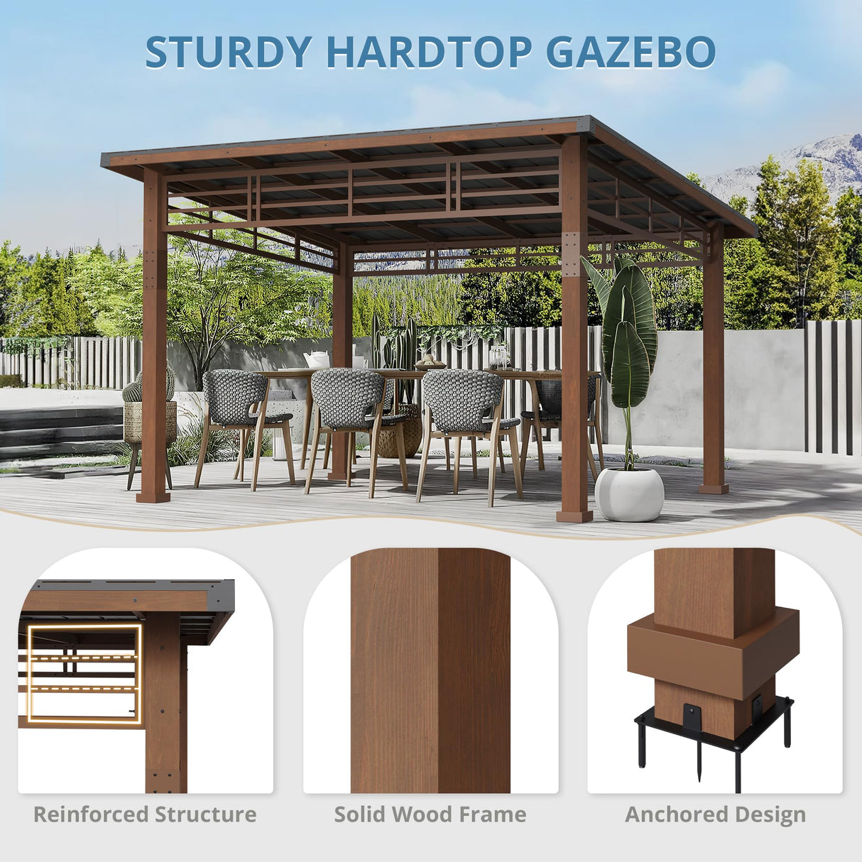 LUE BONA 10x12 Hardtop Gazebo, Outdoor Pergola Metal Roof Gazebo with Wooden Frame, Patio Gazebo Canopy with Curtains, Permanent Pavilion Grill Gazebo for Deck, Patio, Backyard, Garden LUE BONA