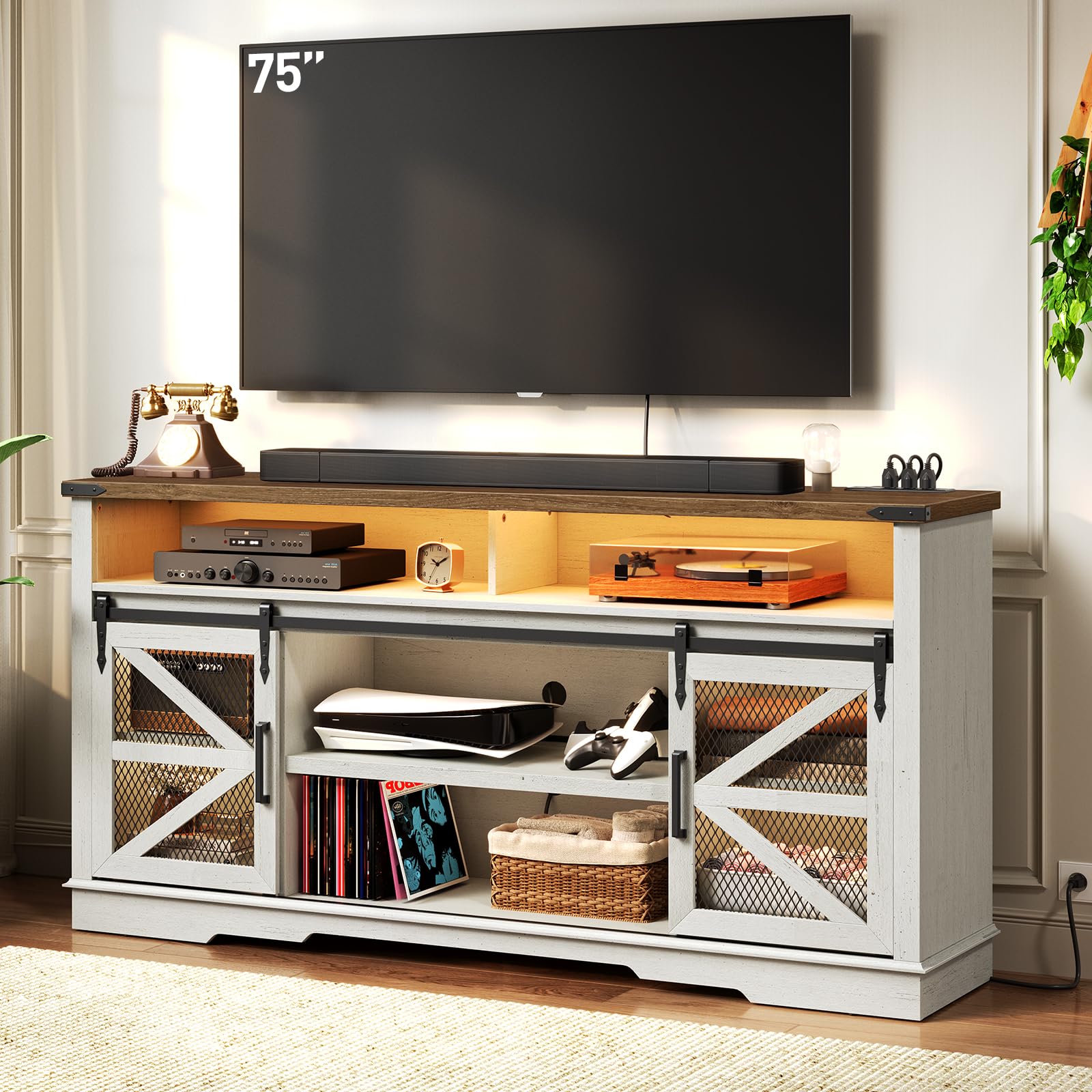 RALGEND Farmhouse TV Stand for 75 inch TV, LED TV Stand with Power Outlet & USB Ports, 33" Tall Highboy Entertainment Center, Media TV Console Table, Rustic TV Cabinet, White and Walnut 84DSU - WoodArtSupply