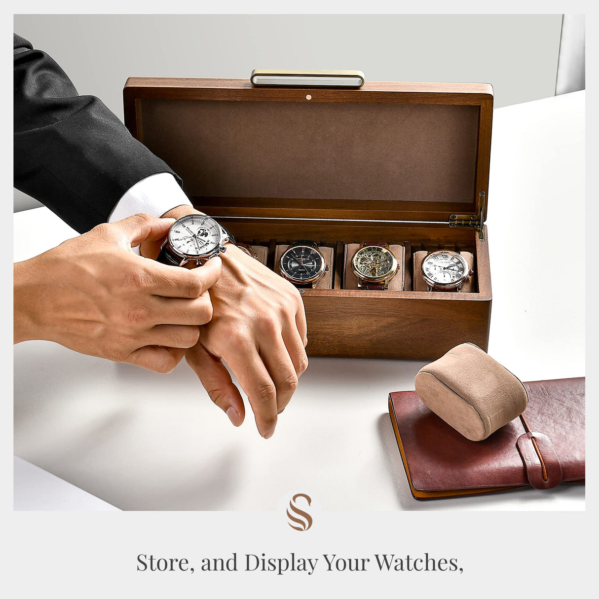 Shanik Wooden Watch Box for Men - Personalized Storage with 5 Slots for Watches, Soft Velvet Pillows, Natural Acacia Wood (Wooden Watch Box/Without Engraving) Shanik