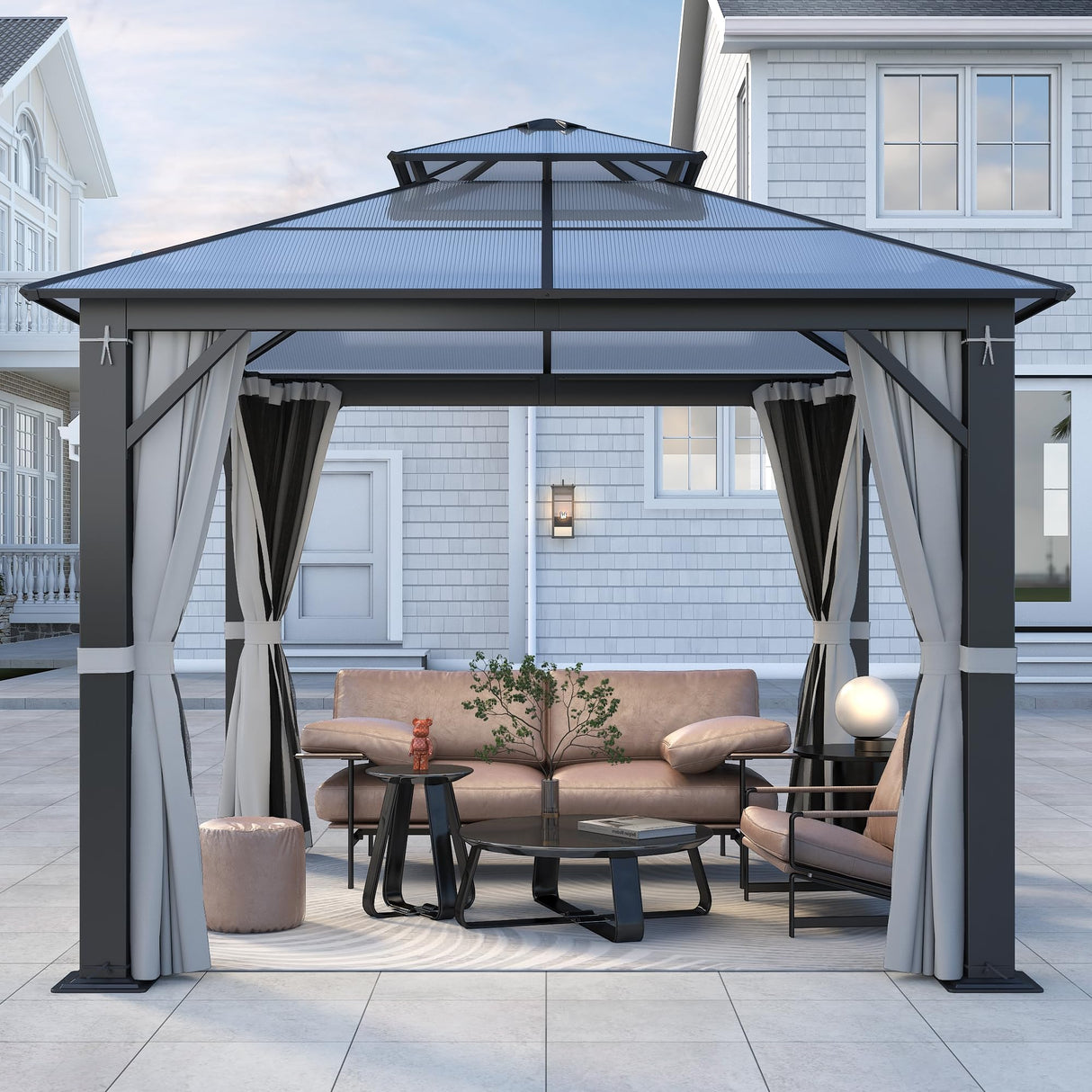 Howsvn 10'x10' Hardtop Gazebo, Outdoor Polycarbonate Double Roof Gazebos with Netting and Curtains, Heavy Duty Metal Pavilion for Patio, Backyard, Deck and Lawn HOWSVN