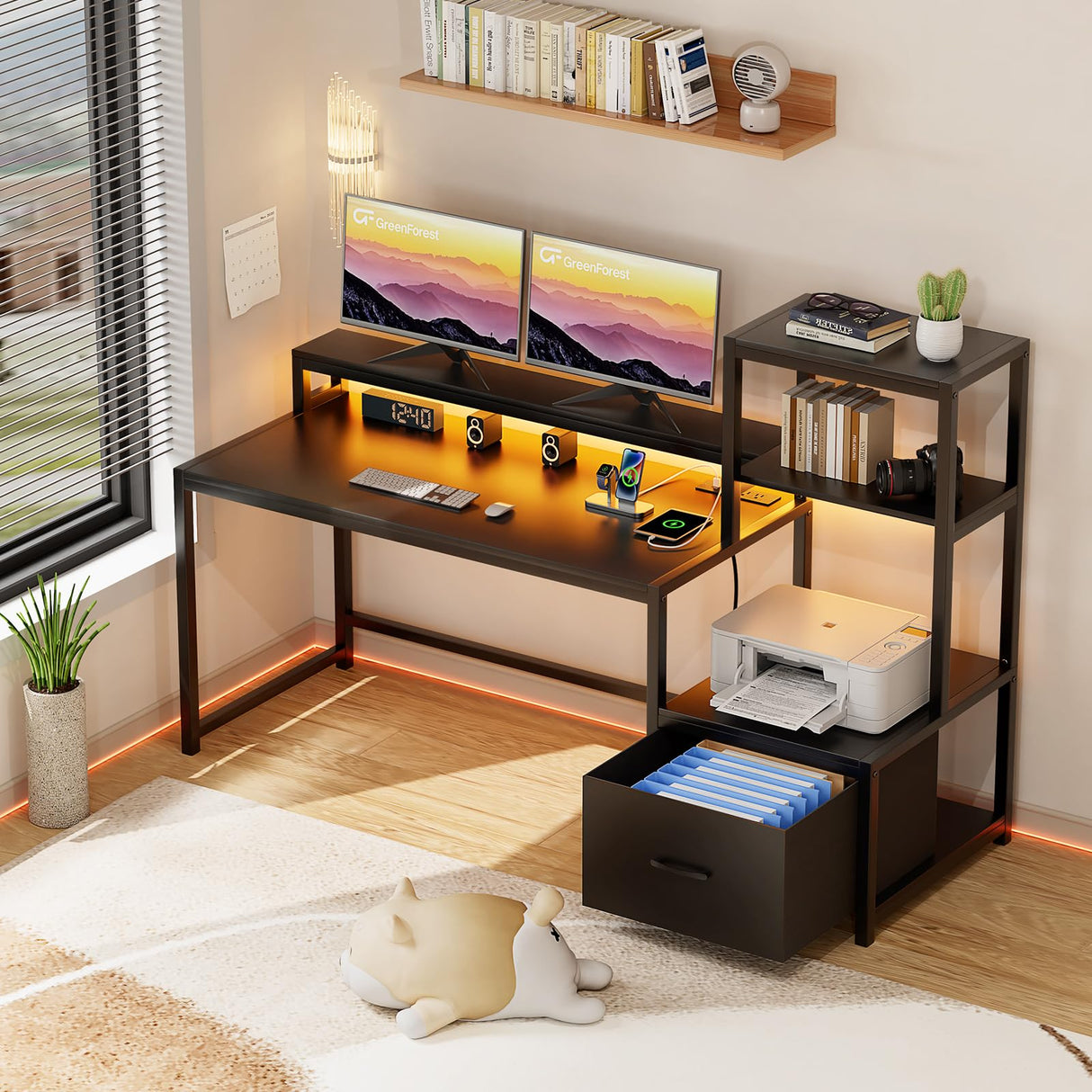 GreenForest Office Desk with Power Outlets and Printer Shelf, 59 inch Computer Desk with LED and Drawer, Reversible Gaming Desk with Storage for Home Study Working,Black GreenForest