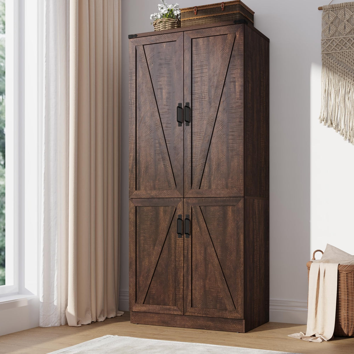 75" Tall Farmhouse 2 Doors Armoire Wardrobe Closet with LED,Freestanding Closet Wardrobe Cabinet for Bedroom with Hanging Rod,Wooden Armoire Storage Cabinet with Adjustable Shelves(Brown) Hlivelood
