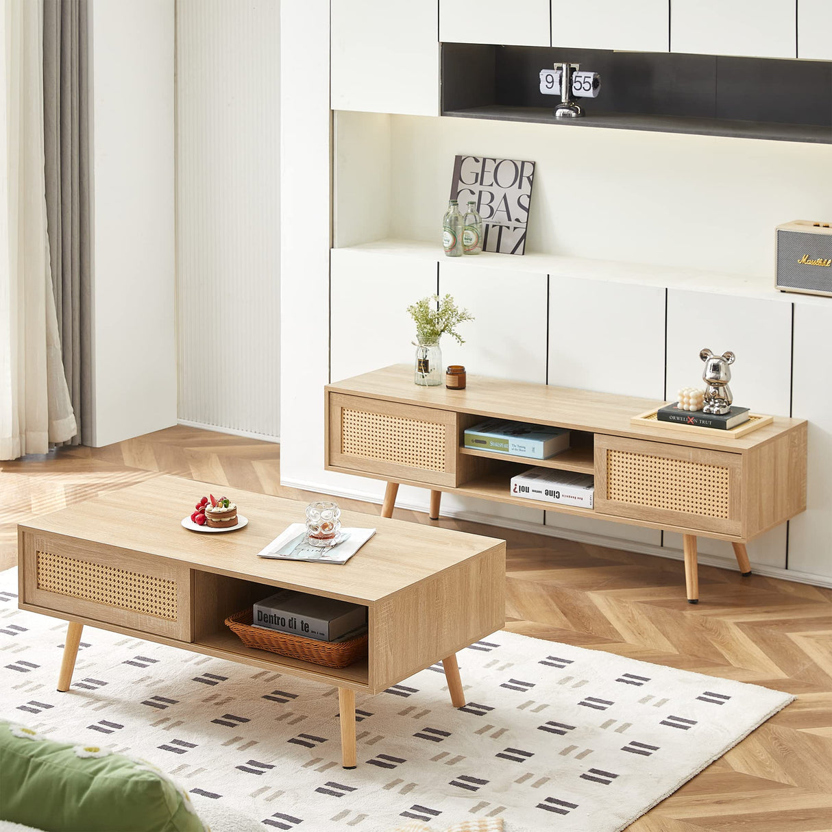 GSSDEE Boho TV Stand for 65+ Inch TV, Farmhouse Wood Television Stand with Natural Rattan Sliding Doors, Media Console Center Natural Style (Natural Oak, TV Stand 55.12" L x 15.75" W x 18.31" H) GSSDEE