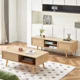 GSSDEE Boho TV Stand for 65+ Inch TV, Farmhouse Wood Television Stand with Natural Rattan Sliding Doors, Media Console Center Natural Style (Natural Oak, TV Stand 55.12" L x 15.75" W x 18.31" H) GSSDEE