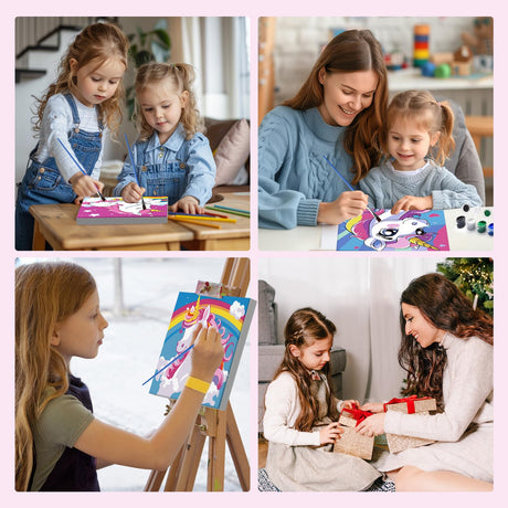 MXJSUA 4 Pack Cartoon Unicorn Paint by Numbers Kit with Framed Canvas for Kids, Rainbow Unicorn by Number Painting Kits for Ages 6-12 Kids, Acrylic Oil Paint by Number Kits for Beginners 8x8 Inch MXJSUA
