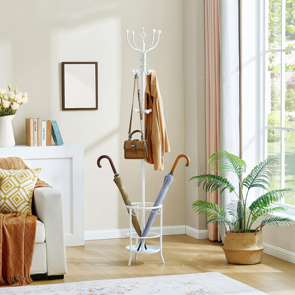 Tajsoon Standing Coat Rack with Umbrella Holder, Freestanding Coat Hanger Stand with Umbrella Stand, Entryway Coat Rack with 12 Hooks to Hold Clothes, Coat Tree for Living Room Bedroom Office, White Tajsoon