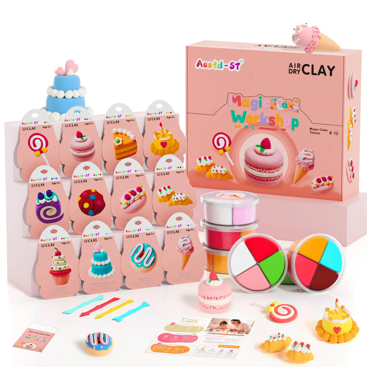 Air Dry Clay Kit - Cake Themed, Modeling Clay for Kids, DIY Model Magic Clay with Sculpting Tools and Tutorials, 12 Boxes Molding Clay, Ultra Light, Soft & Non-Sticky, Arts and Crafts Gift for Kids Aestd-ST
