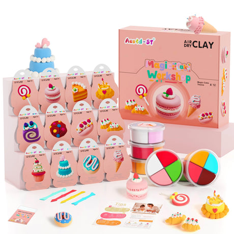 Air Dry Clay Kit - Cake Themed, Modeling Clay for Kids, DIY Model Magic Clay with Sculpting Tools and Tutorials, 12 Boxes Molding Clay, Ultra Light, Soft & Non-Sticky, Arts and Crafts Gift for Kids Aestd-ST
