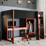 SOFTSEA Twin Gaming Loft Bed with Desk & Lights, Wood Loft Bed with Storage Wardrobe and Drawer, Loft Beds with Desk for Kids Teens Adults, Black + Red SOFTSEA