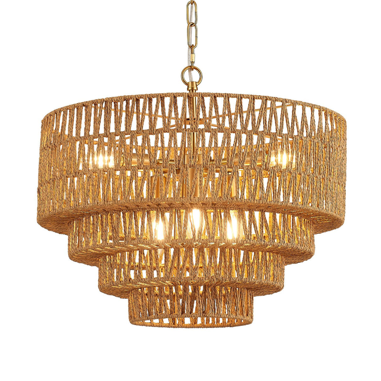 YOMECOO 19.7" Hand-Woven Rattan 6-Light Farmhouse Boho Bamboo Chandelier Light Fixture Retro Drum Wicker Golden Chandelier for Dining Room, Kitchen, E12 YOMECOO