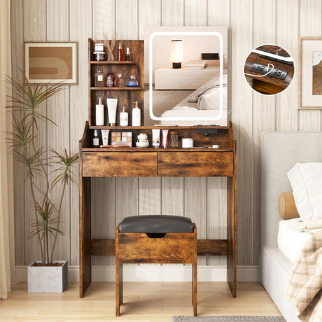 Vabches Vanity Desk with LED Light Mirror and Charging Station 30.3in, Small Vanity Set with 4 Storage Shelves 2 Drawers, Vanity for Girls Women with Storage Stool, Vanity Table for Bedroom (Brown) Vabches