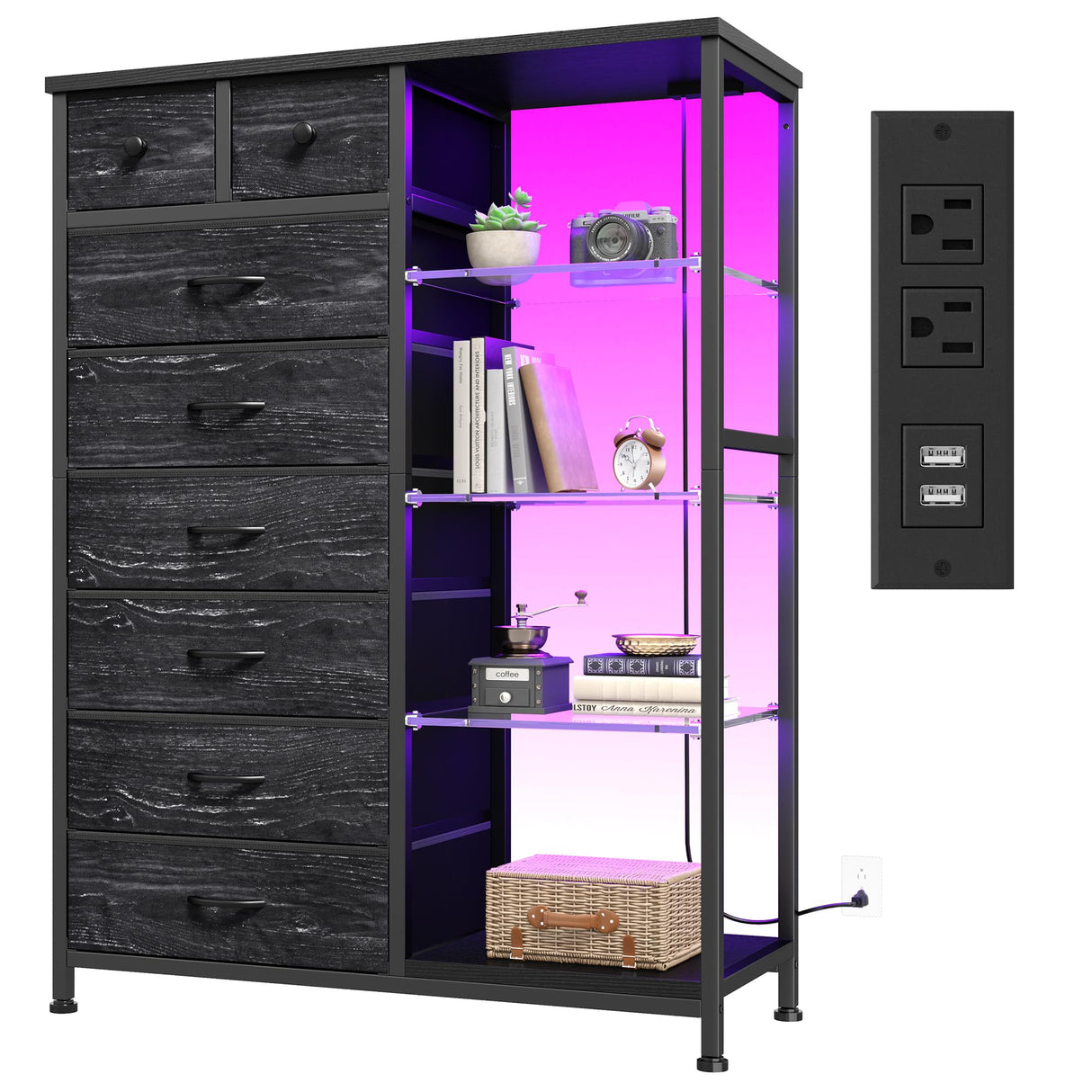 EnHomee 54" H Dresser for Bedroom with LED Lights & Power Outlets Dresser with 8 Drawers Fabric Dressers & Chests of Drawers for Bedroom, Sturdy Metal Frame, Acrylic Plates (Charcoal Black) EnHomee