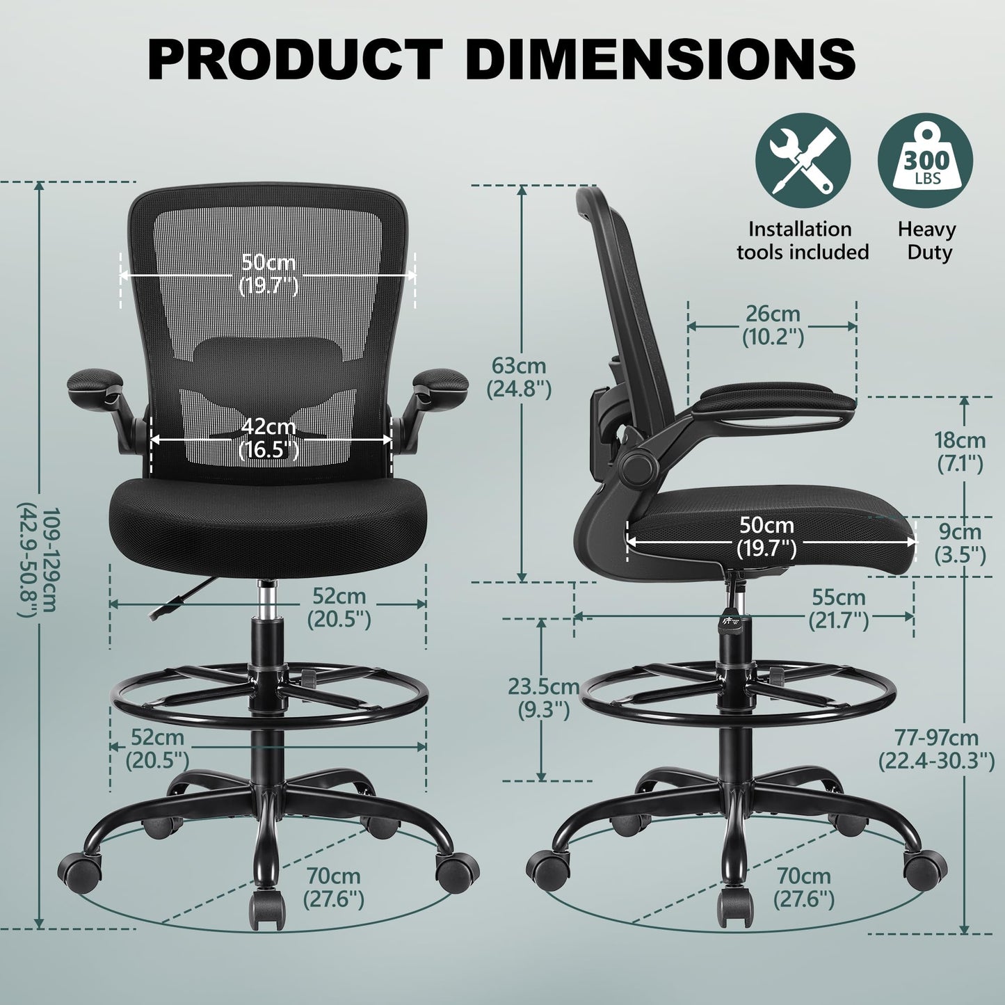 FelixKing Drafting Chair Ergonomic Tall Office Chair, Breathable Mesh Chair with Adjustable Footrest Ring Lumbar Support Flip-up Armrests, High Back Executive Comfy Task Computer Chair for Home Office