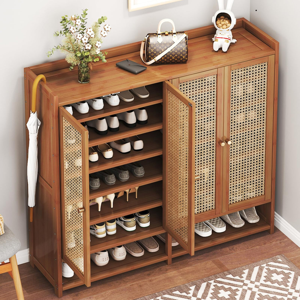 BVOUVOI Bamboo Shoe Storage Cabinet, 8 Tier Freestanding Shoes Heels Sneakers Shoe Rack Shelf for 36-40 Pairs, Entryway Shoe Cabinet with Doors for Hallway Living Room (Brown) BVOUVOI