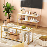 Function Home TV Stand for TVs up to 55 Inch, 3 Tier Entertainment Center, Media Console with Open Storage Shelves for Living Room Bedroom, 47” Modern TV Table with Faux Marble Top Gold Metal Leg Function Home