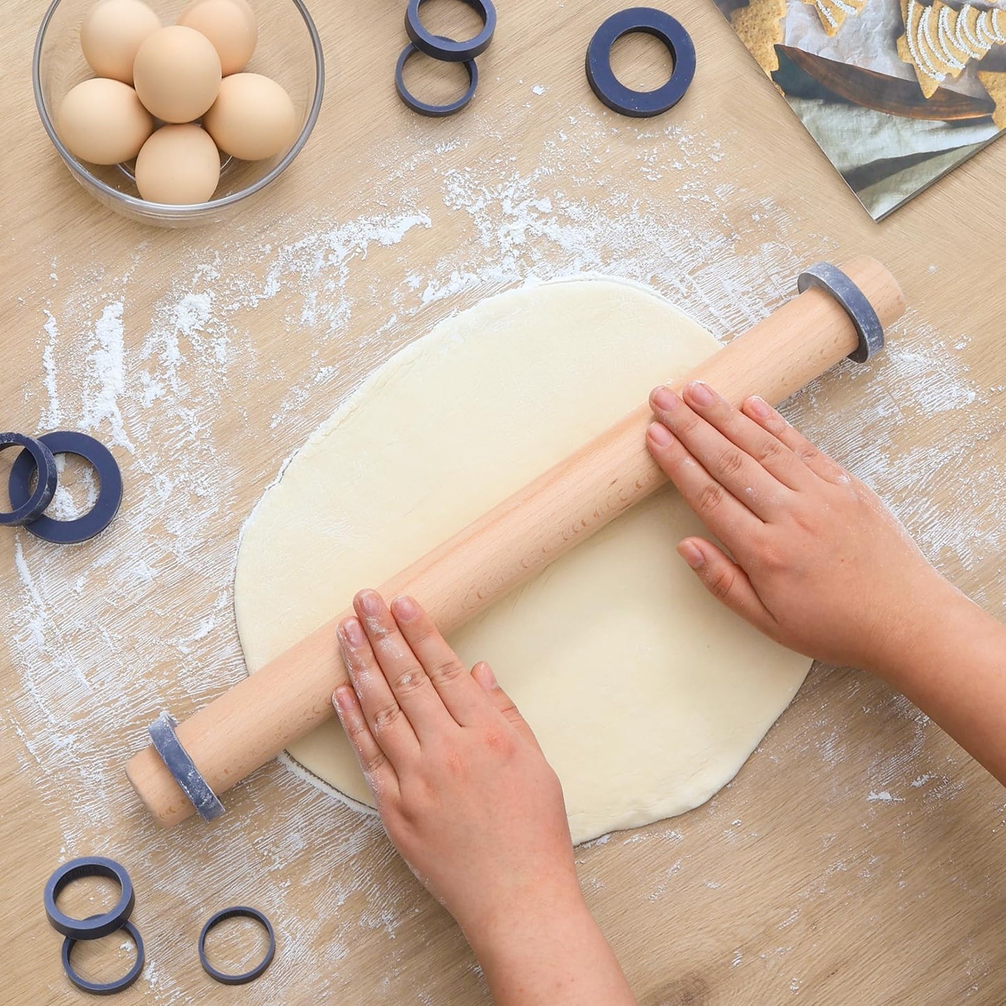 Adjustable Wood Rolling Pin with Thickness Rings for Baking -Non Stick Wooden Dough Roller Pin with Spacer Bands for Cookie,Pie Crust, Pastry Fondant and Bread By Folksy Super Kitchen (15.8, Grey)