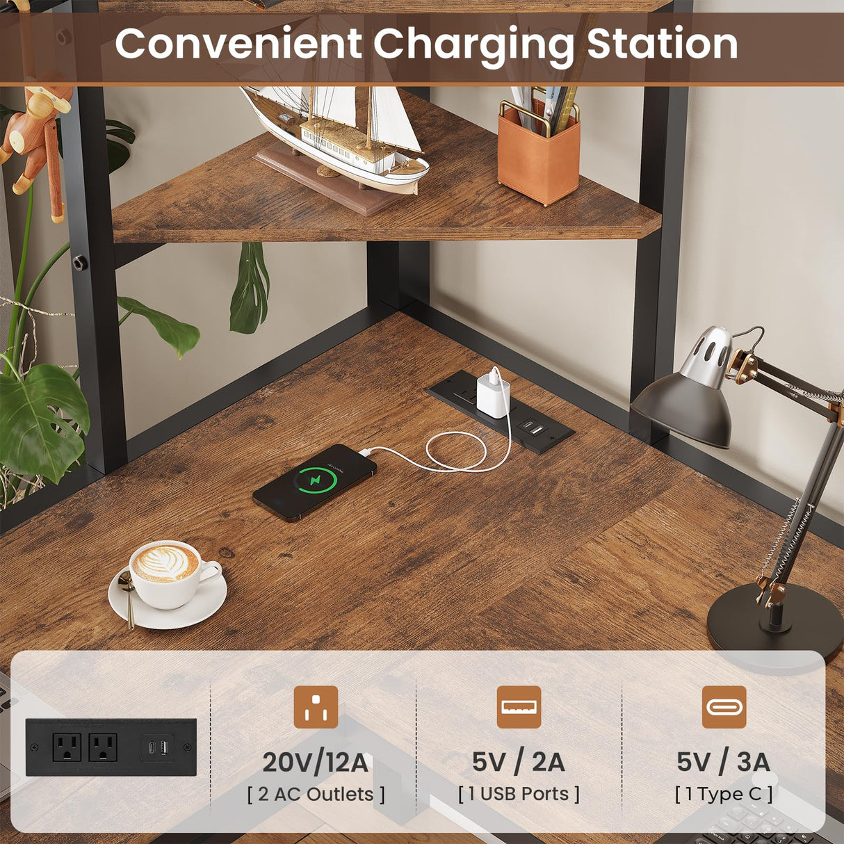 VIAGDO Loft Bed with Desk with Charging Station & LED Lights, Loft Bed Twin Size with Storage Shelves,Clothing Rail, Metal Twin Loft Bed with Safety Guard & Ladder, No Box Spring Needed (Black) VIAGDO