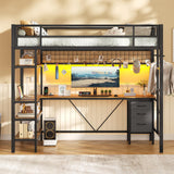 VIAGDO Loft Bed Twin Size with L-Shaped Desk, Charging Station and LED Lights, Twin Loft Bed with 4-Tier Bookshelf and 3 Drawers, Clothes Rail, Safety Guardrail&Ladder, No Box Spring Needed, Black VIAGDO