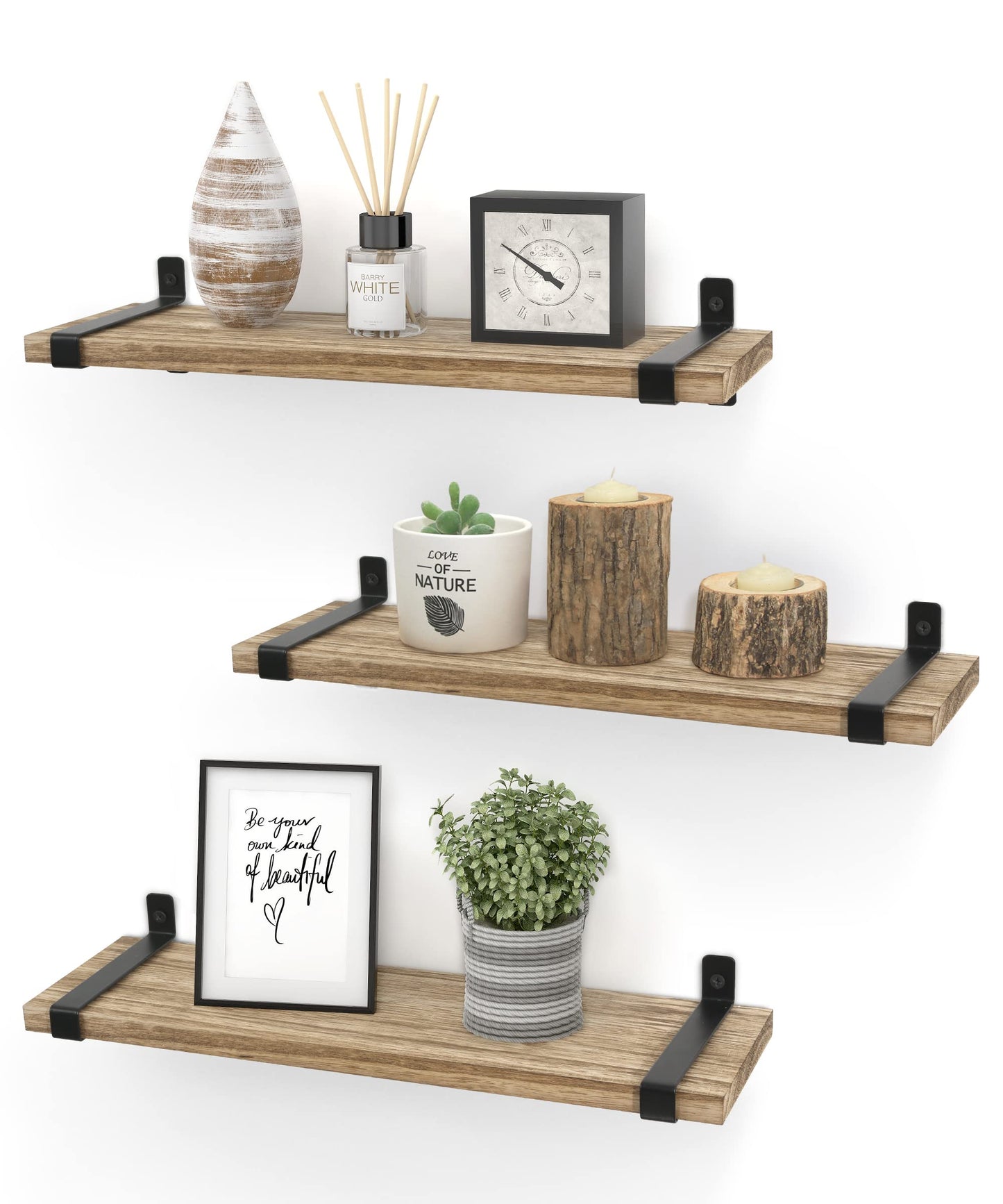 Sapowerntus Wood Floating Shelves Bathroom Wall Mounted, Small Light Rustic Farmhouse Narrow Shelf Storage, Bedroom Living Room Kitchen Office Display Decor with U Metal Brackets Set of 3