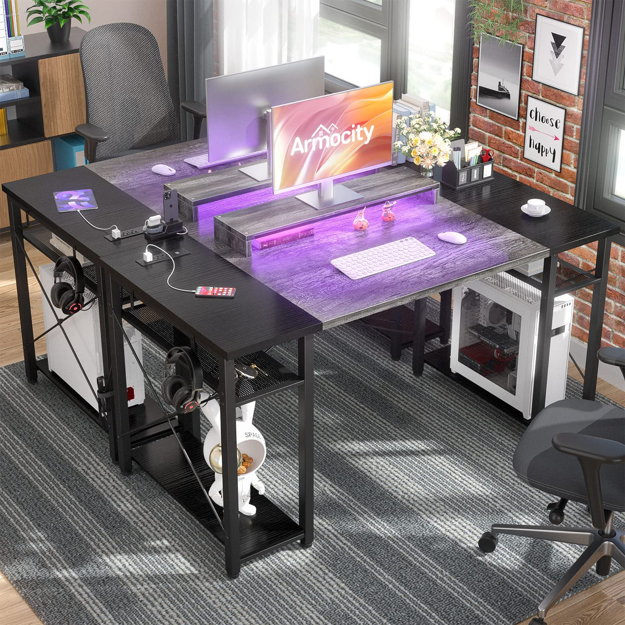 armocity Computer Desk with LED Lights, 48 Inch Reversible Large Desk with Power Outlet and USB, 48'' Gaming PC Table with Moveable Monitor Stand for Home Office, Workstation, Grey and Black armocity