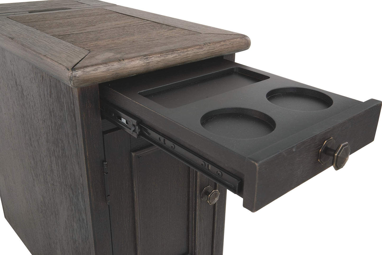 Signature Design by Ashley Tyler Creek Rustic Chair Side End Table with Pull-Out Tray & USB Ports, Brown - WoodArtSupply