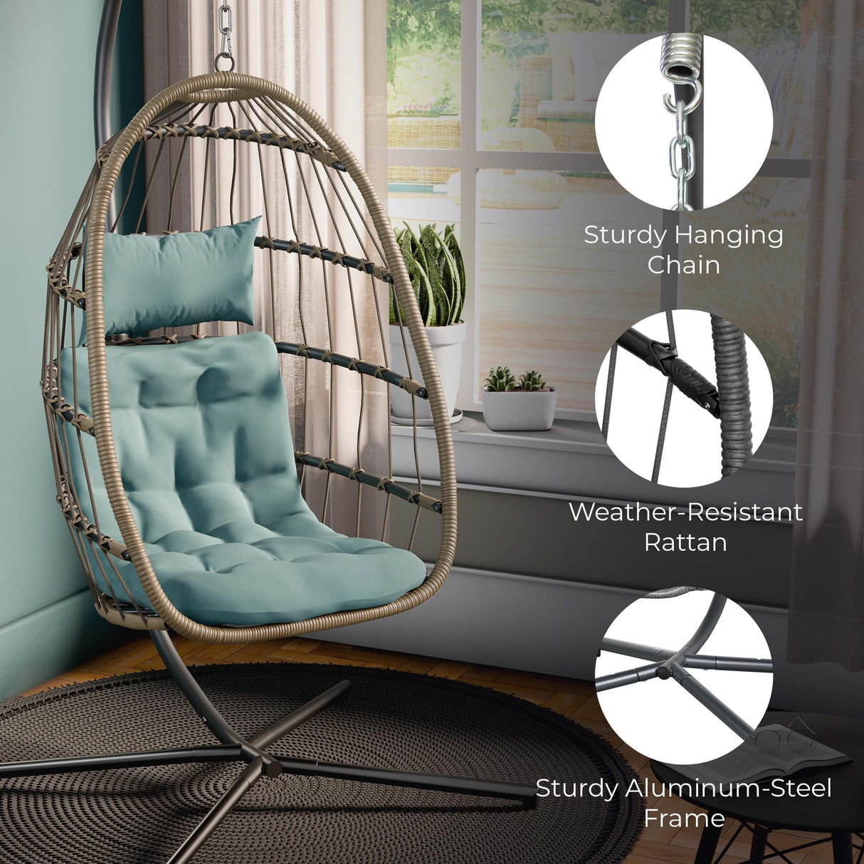 Econohome Hanging Egg Chair with Stand - Indoor/Outdoor Swing Hammock Chair with Plush, Washable Cushions, 350LBS Capacity, Ideal for Relaxation in Bedrooms, Balconies, Gardens, and Patios EconoHome