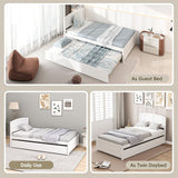 Callales Twin Trundle Bed, Solid Wooden Pull Out Bedframe, Extendable Day Bed with Headboard and Soild Wood Slats Support, Bedroom, Living Room, Guest Room, No Box Spring Needed (White) Callales