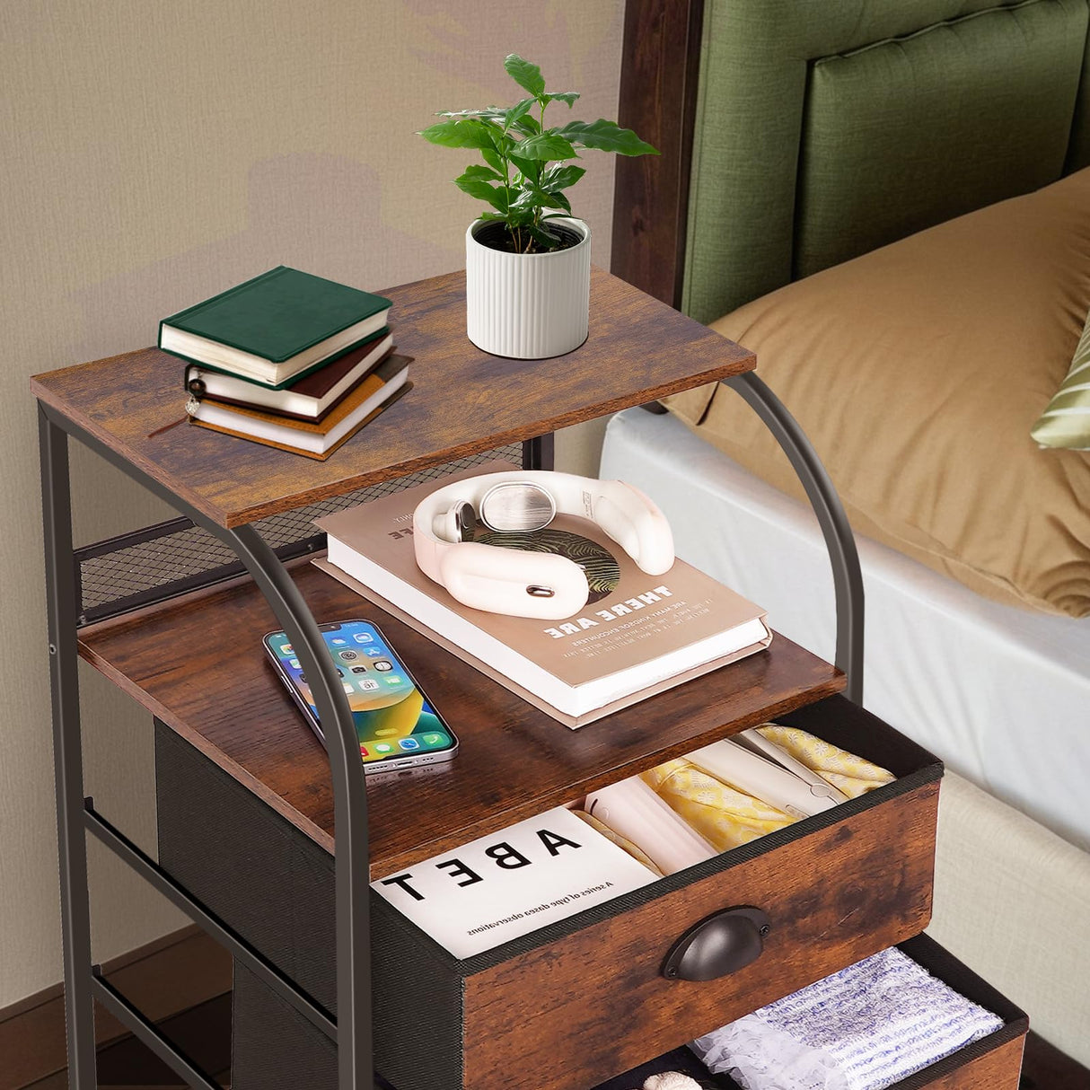 Jixlantuc Nightstand Bedside Table Drawer Organizer Side Table with Fabric Drawers End Tables Living Room Night Stand Chest of Drawers for Bedroom,Hallway, Entryway Jixlantuc