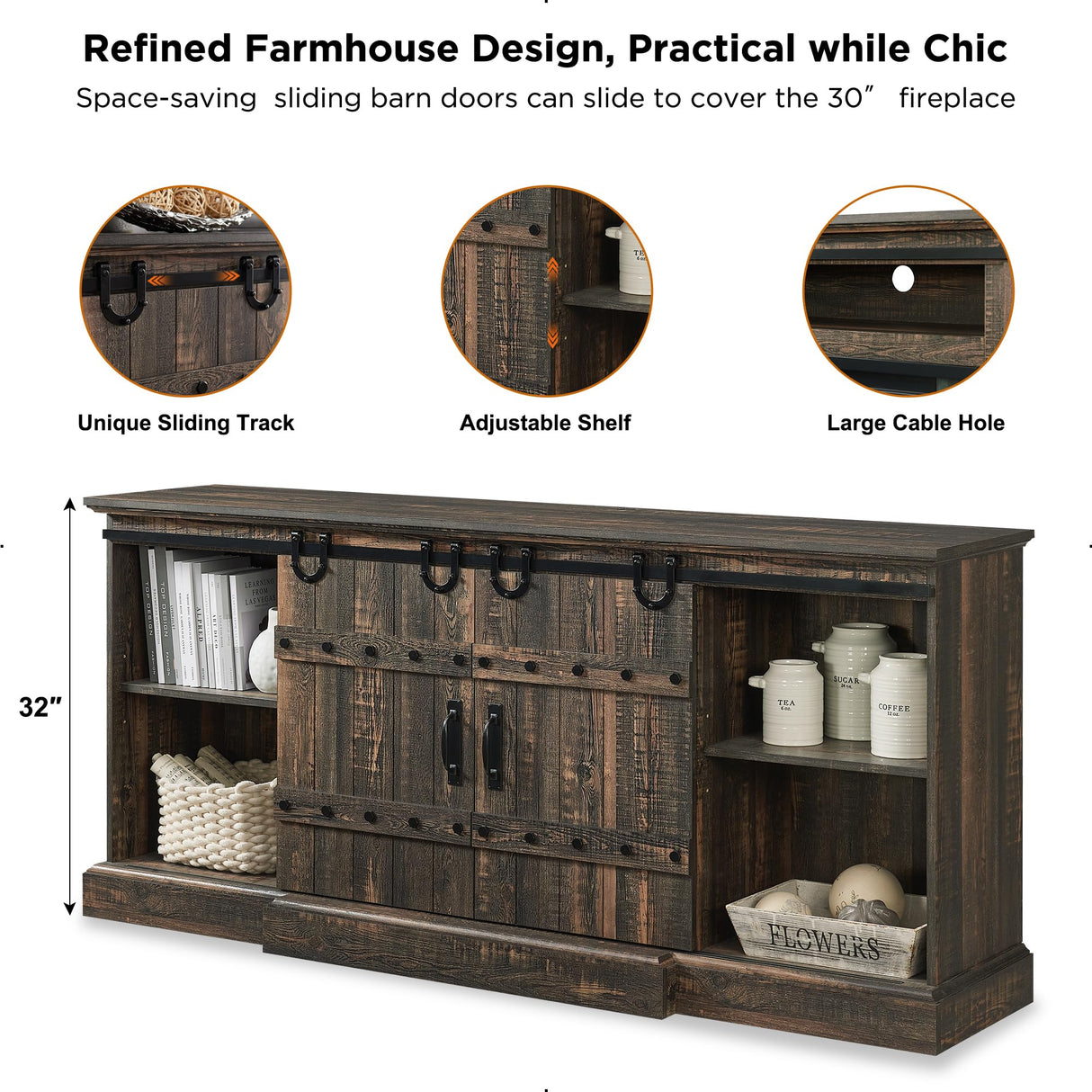 OKD Fireplace TV Stand for 75 80 Inch TV, Farmhouse Entertainment Center with Sliding Barn Doors, Rustic Media Console Table with Storage Cabinets for Living Room, Dark Rustic Oak OKD