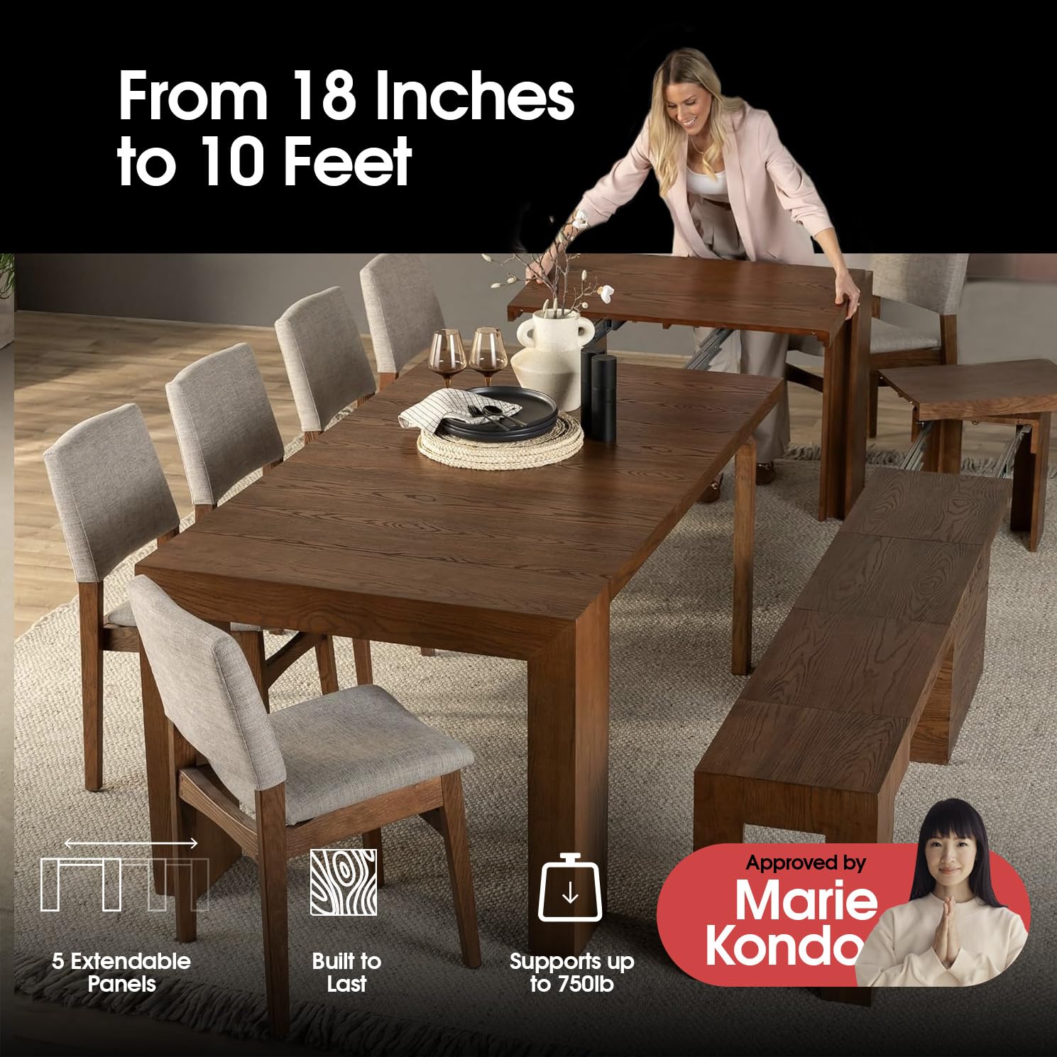 Transformer Table Dining Table Set for 4 to 12 Approved by Marie Kondo, Expandable Dining Table with 4 Dining Chairs and Extendable Bench, Brown Wood Table Set (Brown, Table + 4 Chairs + Benc - WoodArtSupply