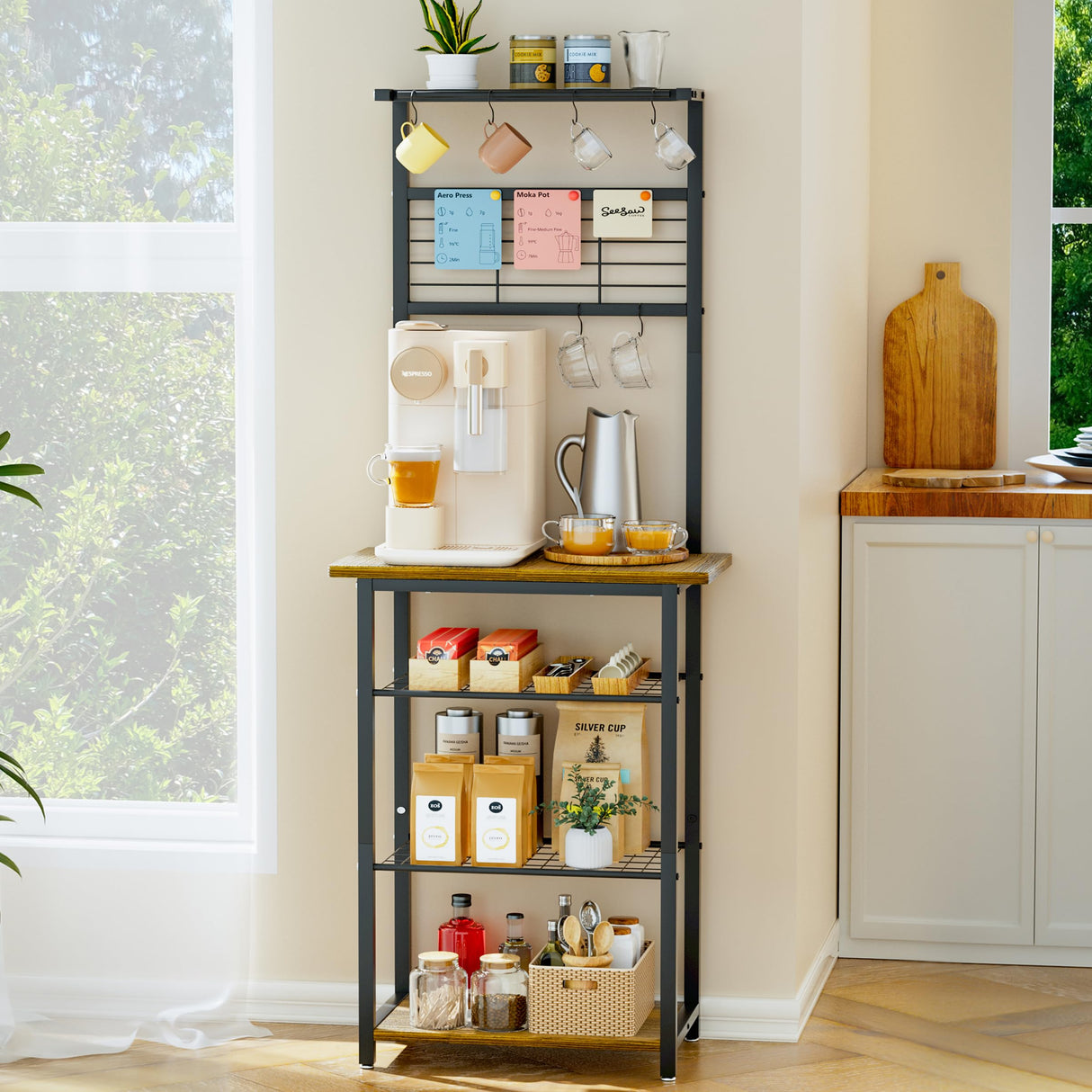BUTUNITA Coffee Bar Station with 5 Tiers - Small Coffe Bar Kitchen Shelf with 4 S-Shaped Hooks - Corner Storage Baker's Rack for Small Spaces, Entryways, and Living Rooms BUTUNITA