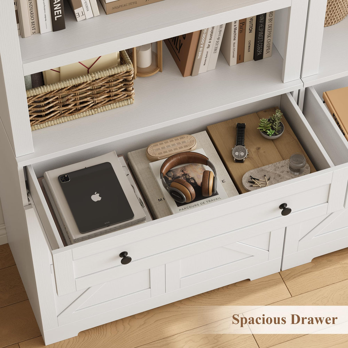 HOSTACK 72" Tall Book Shelf and Bookcase, 14" Deep Bookshelf with Drawer and Doors, Farmhouse Book Case with Storage, Wood Storage Cabinet with Display Shelves for Home Office, Living Room, White HOSTACK