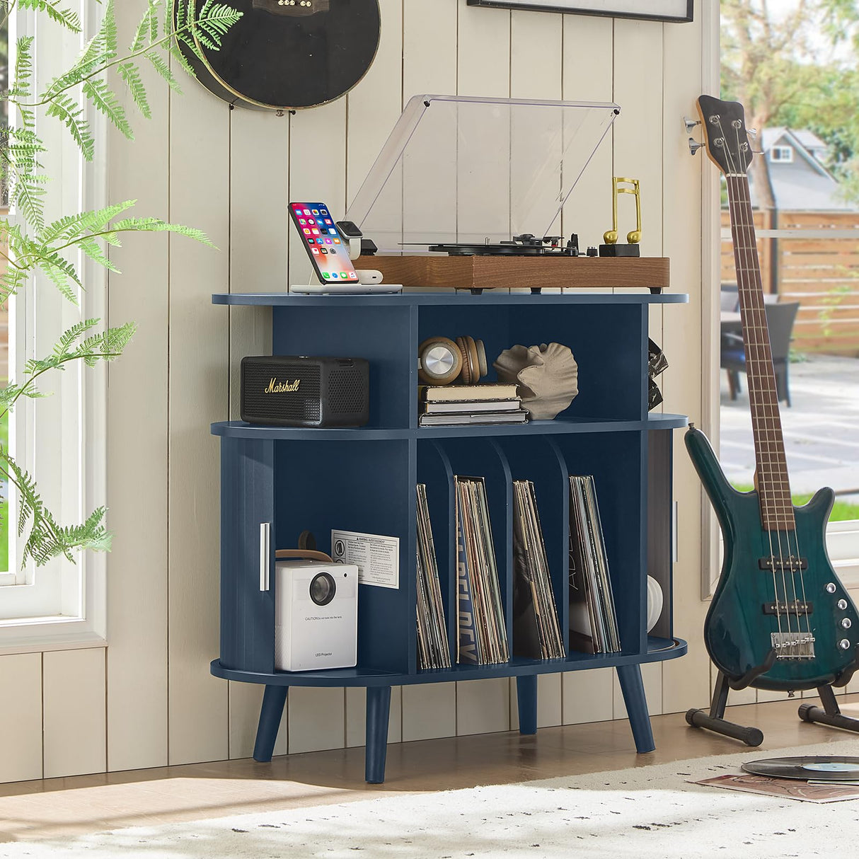 LELELINKY Large Round Record Player Stand with Charging Station & Fluted Display Shelf, Blue Mid Century Modern Turntable Cabinet with Vinyl Storage, Arched Wood Record Player Table for Living Room LELELINKY