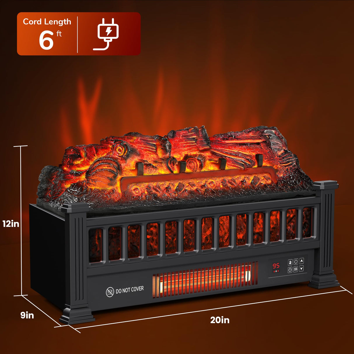 Alpaca Electric Fireplace Logs 20-Inch, Remote Controller Fireplace Insert Log Heater, Adjustable Flame Colors, Realistic Fake firewood Flame, Overheat Protection, Timer, Thermostat, 1500W Black Alpaca