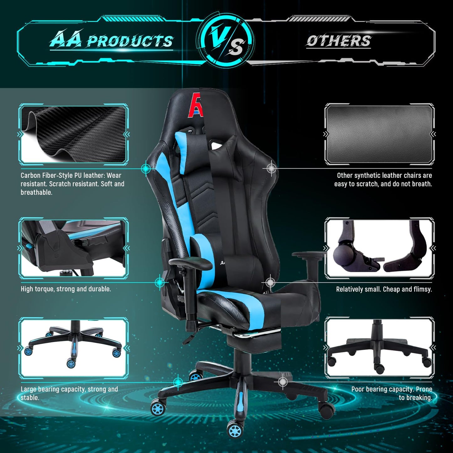 AA Products Gaming Chair Ergonomic High Back Computer Racing Chair Adjustable Office Chair with Footrest, Lumbar Support Swivel Chair - Upgraded Version BlackBlue